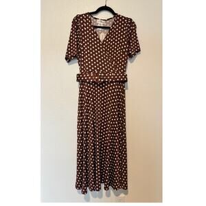 Sloane Rouge NWT Women Size Medium Brown Polka Dot Faux Wrap V-Neck Belted Dress